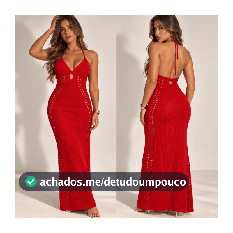 Vestido Longo Feminino Tricô Vazado Justo Decote Frente Única Verão
