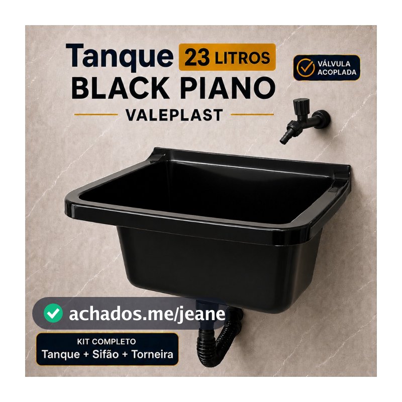 Tanque Lavanderia 23 Litros Plástico Completo Válvula Acoplada Área Lavar Roupas Torneira Sifão Black Piano