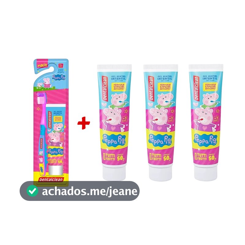 Kit Escova Dental Infantil Peppa Pig com Gel + 3 Gel Dental 50g Tutti Frutti Dentalclean