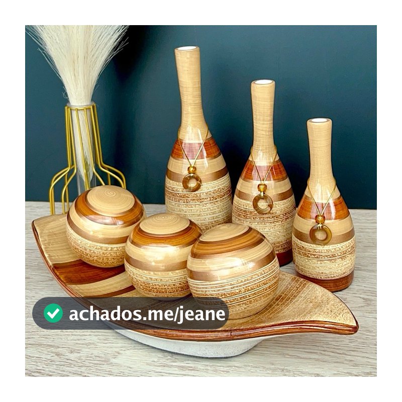 Kit 7 Peças Jogo Decorativo em Cerâmica Centro de Mesa e Trio de Vasos Enfeites Sala Decoração Casa