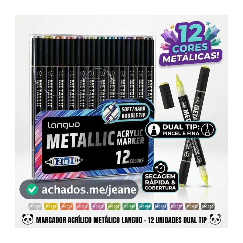 Kit 12 Canetas Marcador Acrílico Metálico Permanente Ponta Dupla Escreve em Metal, Vidro e Madeira