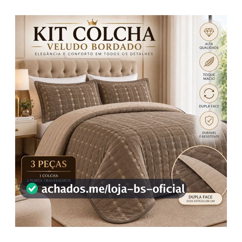 Colcha Cobre Leito Veludo Bordado Matelado 3 Peças Dupla Face Premium Macio de Luxo