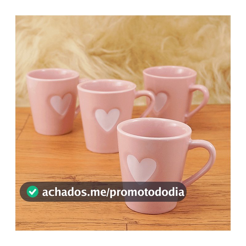 Kit 4 Xicaras Canecas Chá Café Porcelana 120 ml Rosa Coração Relevo Branco