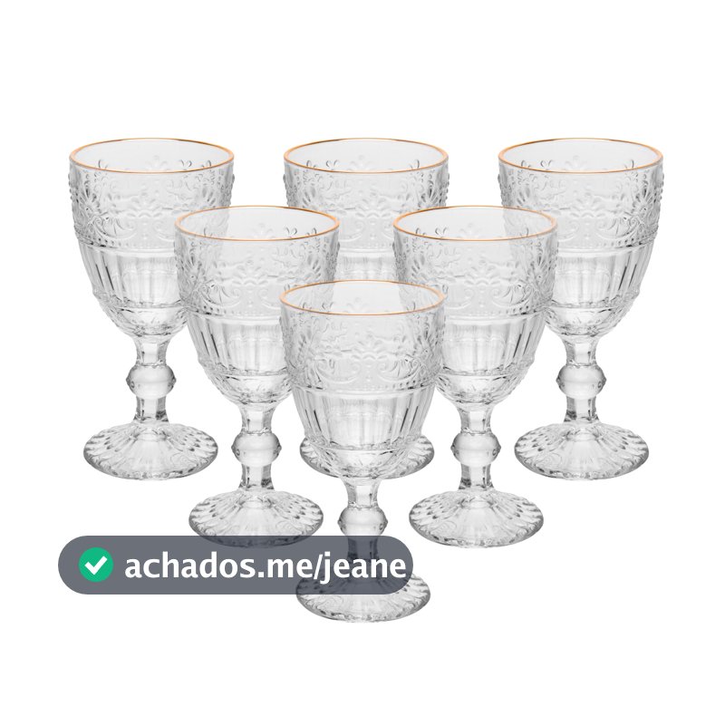 Conjunto 6 Taças Mauve 320ml Cristal Ecológico com Fio de Ouro Wolff para Água Sucos Bebidas Mesa Posta Jantar Elegante