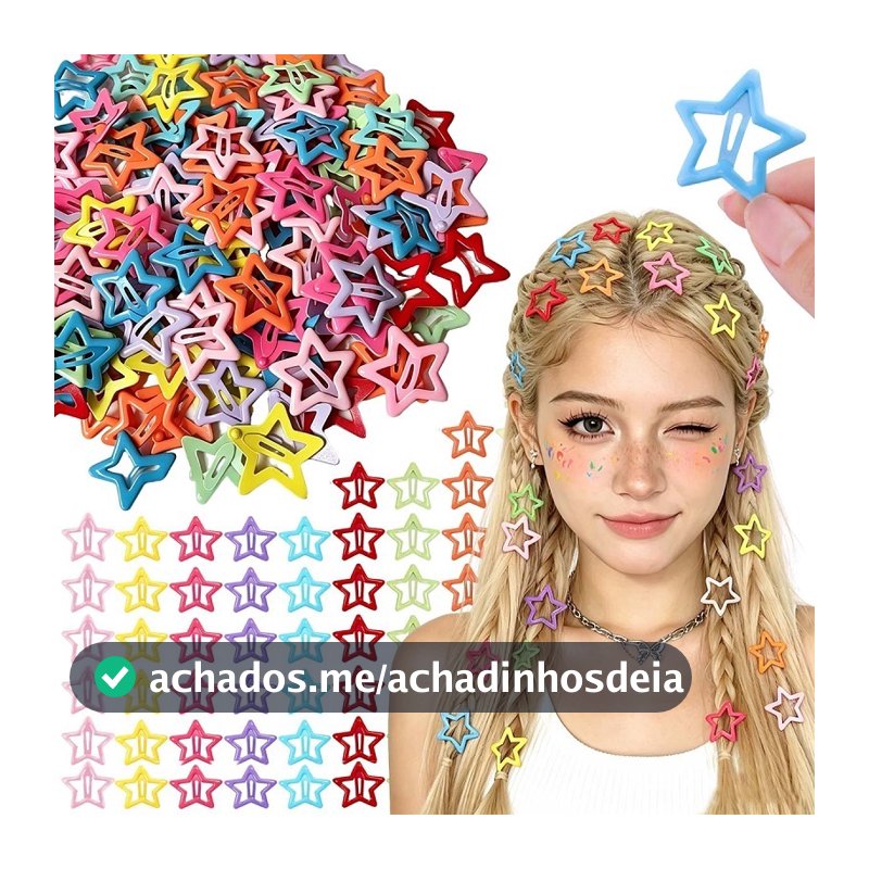 Kit 60 ou 100 Presilhas Tic Tac de Estrela Coloridas para Cabelo Infantil Feminino Cores Sortidas Macaron