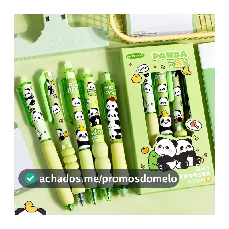 Kit 5 Canetas Premium Apagáveis Panda Importadas com Blister