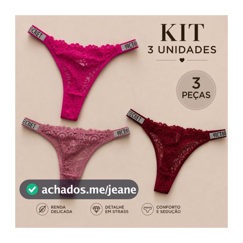 Kit 3 Calcinhas Fio dental de Renda Poliamida Estilo Luxo Sexy