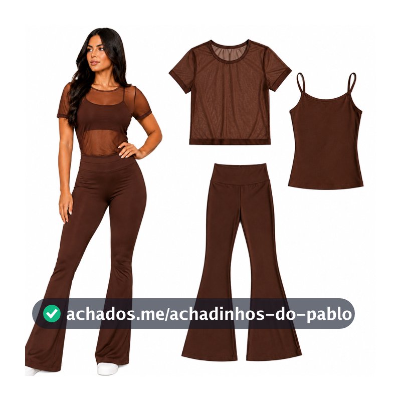 Kit Feminino 3 Peças Calça Bailarina Suplex + Blusa Tule Manga Curta + Regata Alça Fina