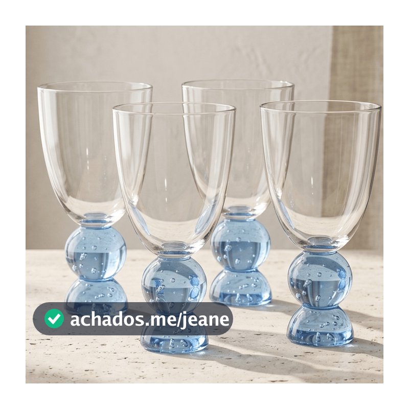 Jogo 4 Copos em Vidro Base Esferas Bubble Trabalhadas Azul e Transparente 370ml
