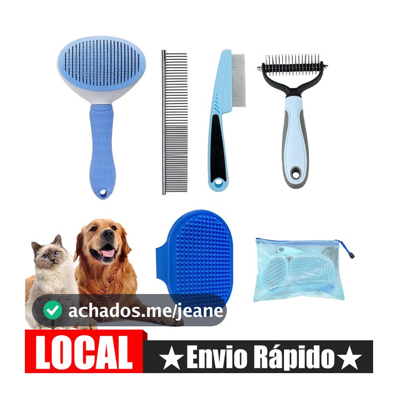 Conjunto de 5 escovas para animais de estimação  com bolsa de armazenamento azul com fecho em malha