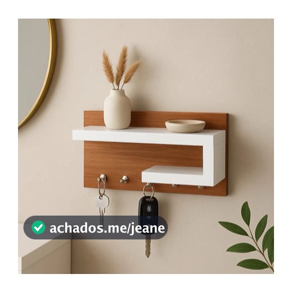 Porta-Chaves de Parede com Prateleira Decorativa em MDF 25x13x8,5 cm – Design Moderno Amadeirado e Branco