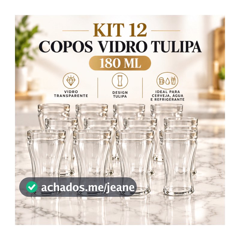 Kit 12 Copos de Vidro Tulipa 180ml Cristal Transparente para Servir Bebidas Suco Bar Gourmet e Churrasco