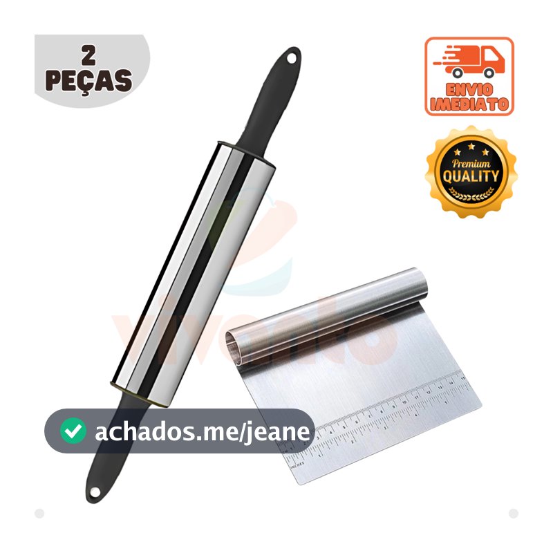 Kit Rolo Abrir Massas e Espátula Tubular Aço Inox com Medidor Premium Utensílios para Cozinha