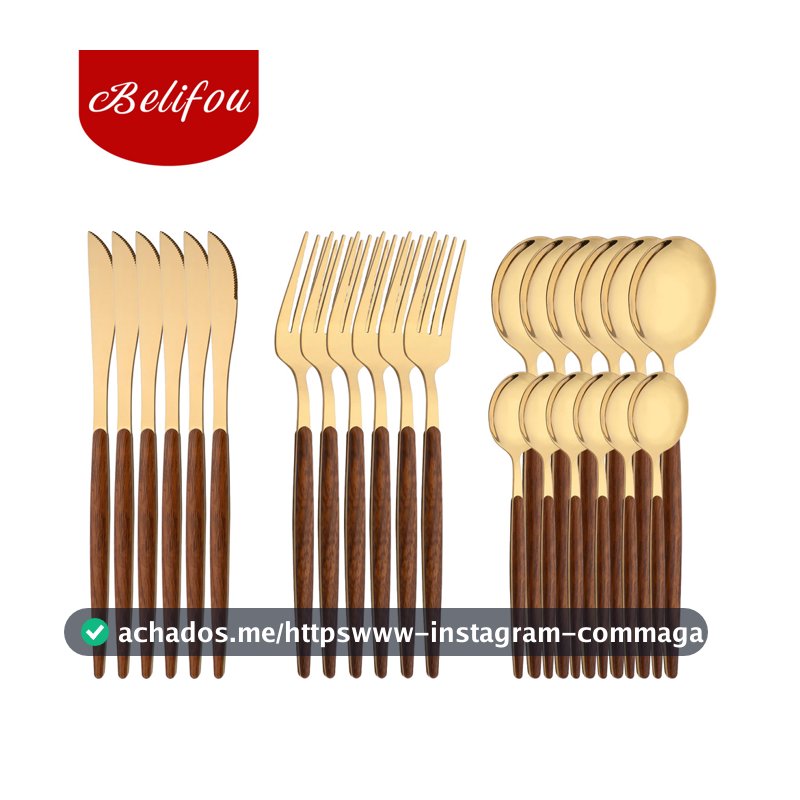 Belifou Kit 24 Jogo De Talheres Aço Inoxidável Ouro Alças De Madeira Alta polidez