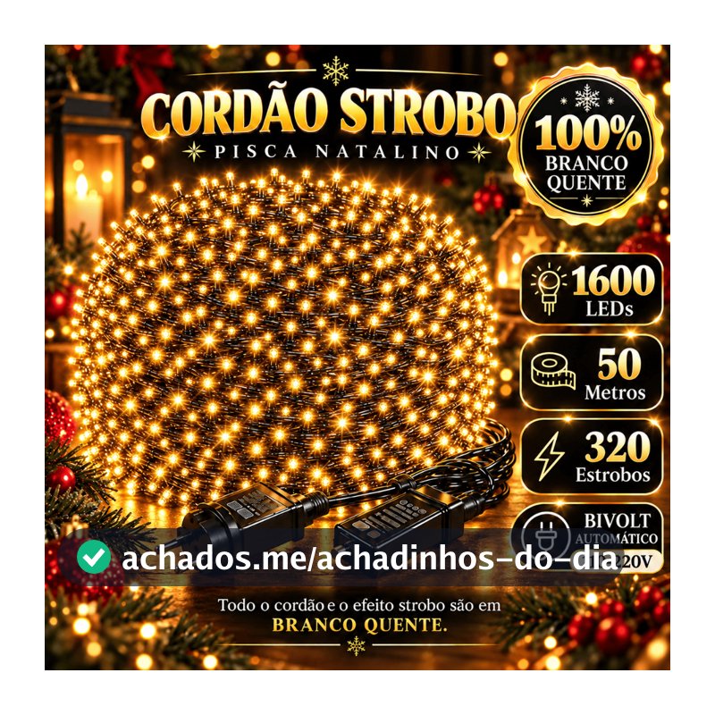 Cordão Strobo Natal 50 Metros Bivolt 1600 Leds Pisca Pisca Prova D'Água Luz Led Branco Quente 320 Flash