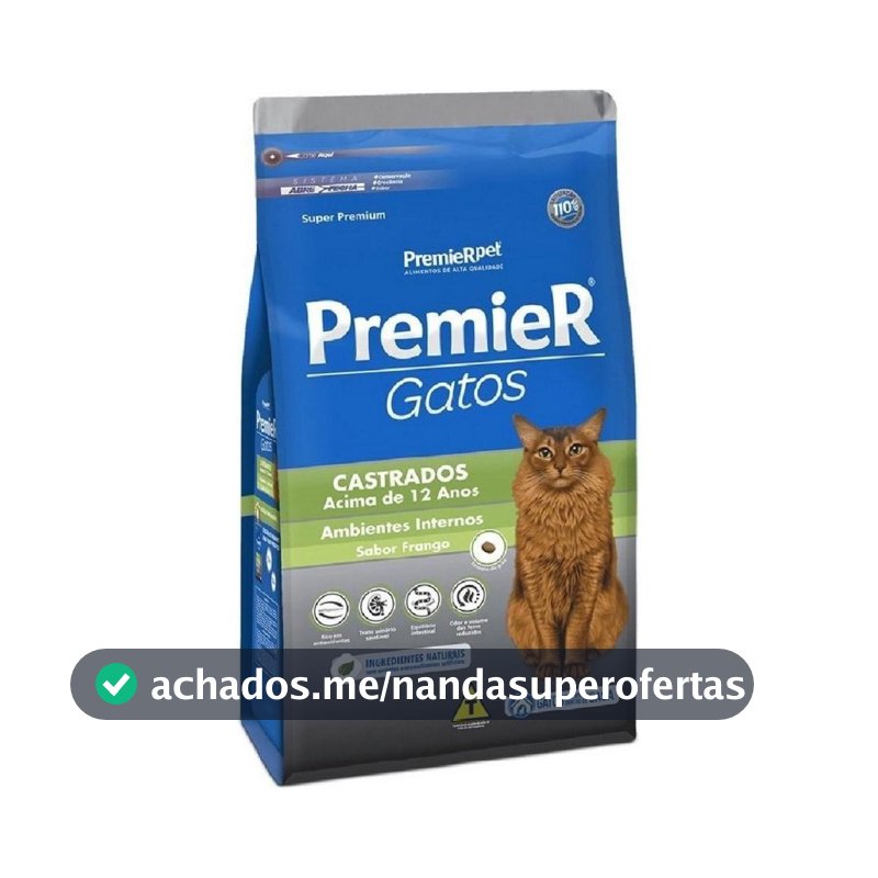 Ração para Ambientes Internos Gatos Adultos Castrados Acima 12 Anos Frango Premier 0,5Kg