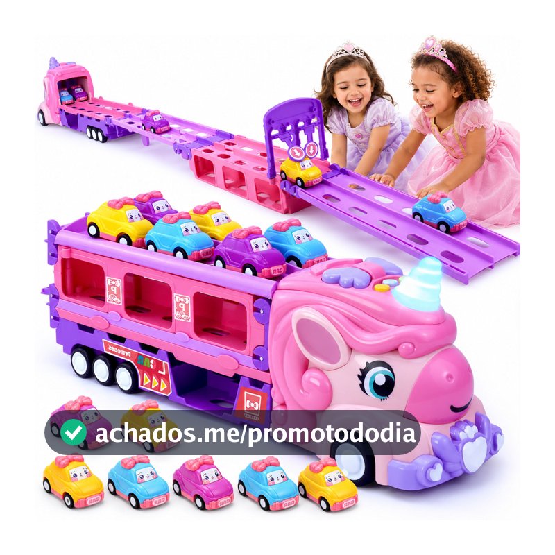 Caminhão Cegonha Unicórnio Com 6 Carrinhos Grande Com Pista Lançador Dobrável Luz E Som Rosa Kizumba