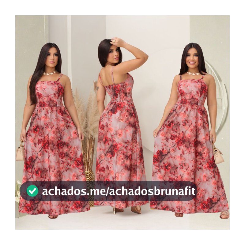 Vestido Longo Floral Feminino Elegante com Alça Fina Estampado Vermelho Moda Verão Festa Casual Chic