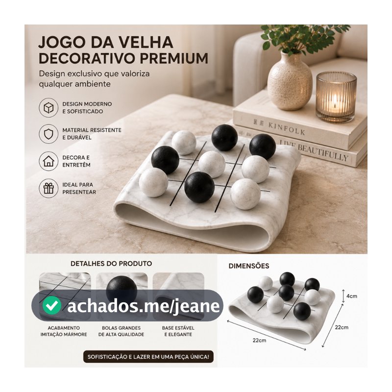 Jogo da Velha Decorativo Luxo 22cm Branco Mármore com Bolas Preto e Branco | Peça de Decoração Moderna Minimalista