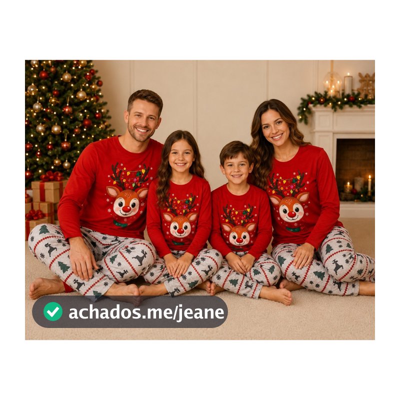 Pijama de Natal Adulto ou Infantil Manga Longa e Calça Estampa Rena Natalina Família