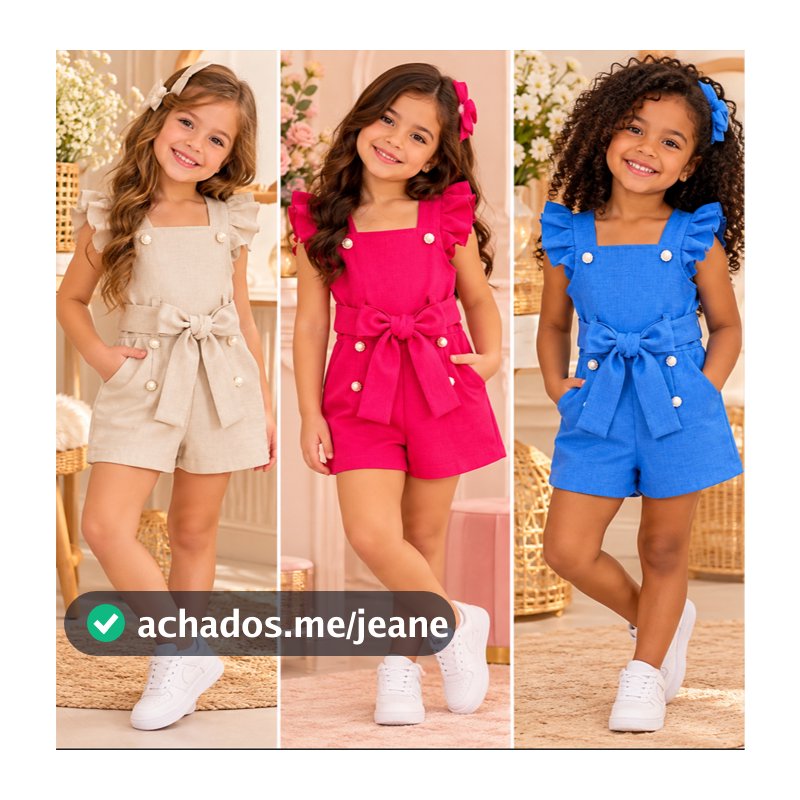 Macaquinho Infantil Menina Blogueirinha Alfaiataria Linho com Babados e Laço Festa Passeio Verão