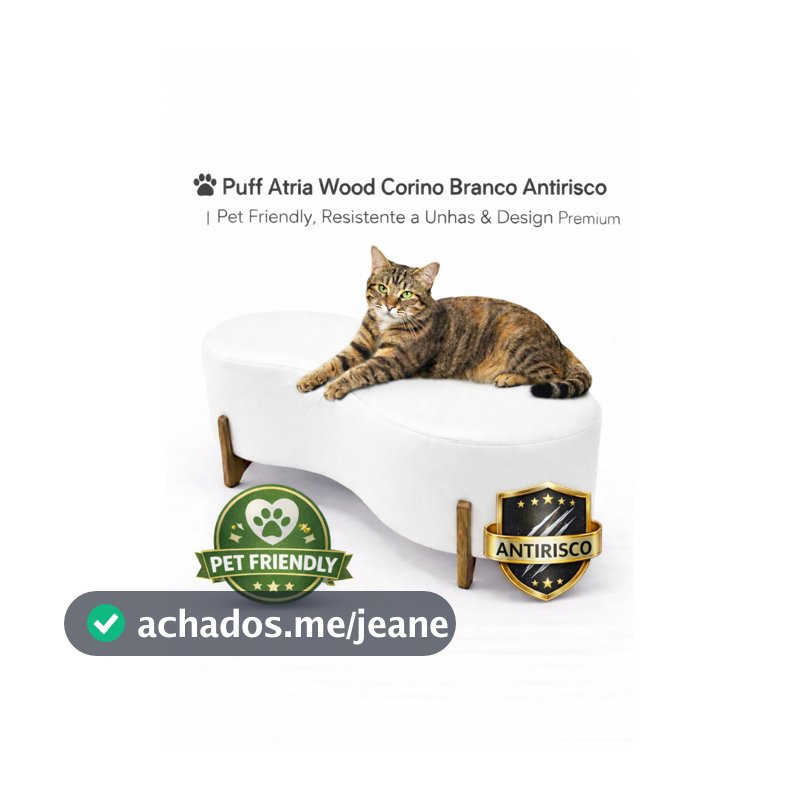 🐾 Puff Atria Wood 1,10 cm Corino Branco Antirrisco | Pet Friendly, Resistente a Unhas