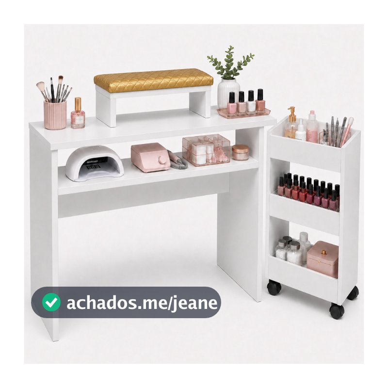 Kit Mesa Manicure com Carrinho Auxiliar e Apoio de Mão