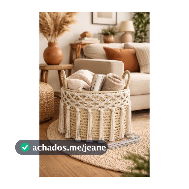 Cesto Organizador em Palha Natural |Canastrinha com macramê 25cm x 25 cm