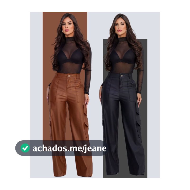 Calça Pantalona Wide Leg Reta Cargo Couro Fake Cintura Alta Moda Gringa Bolso Lateral