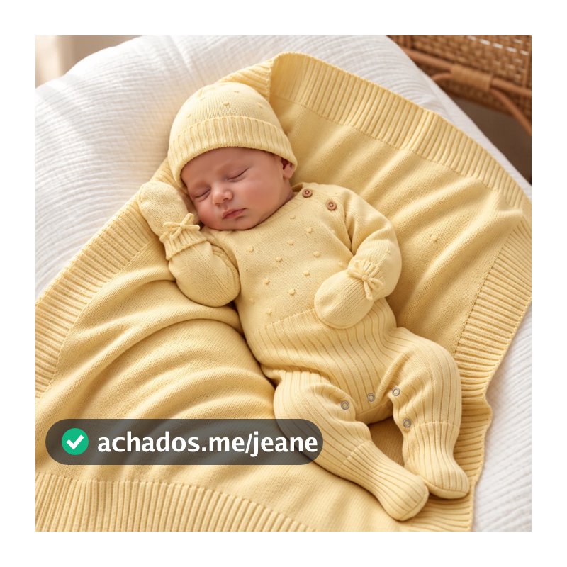 Kit Bebê RN Saída Maternidade 4 Peças Luxo Tricô Recém Nascido Macacão Manta Luva Touca Enxoval Presente