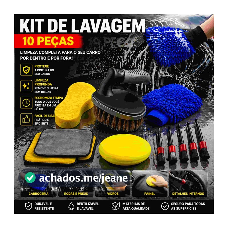 Kit 10 Peças Lavagem Automotiva Esponja + Escova de Pneu + Flanela + Aplicador de Cera + Luva Microfibra + Kit Pincel