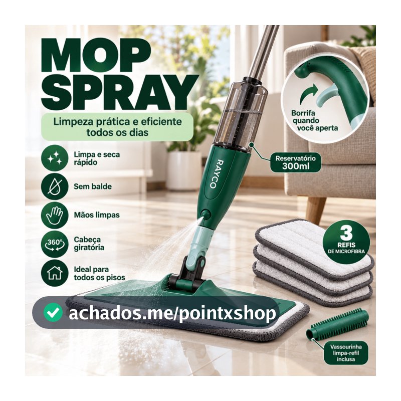 Mop Spray com Reservatório Reforçado Rodo Mágico Esfregão Microfibra 2 Refil Extra Limpeza Piso