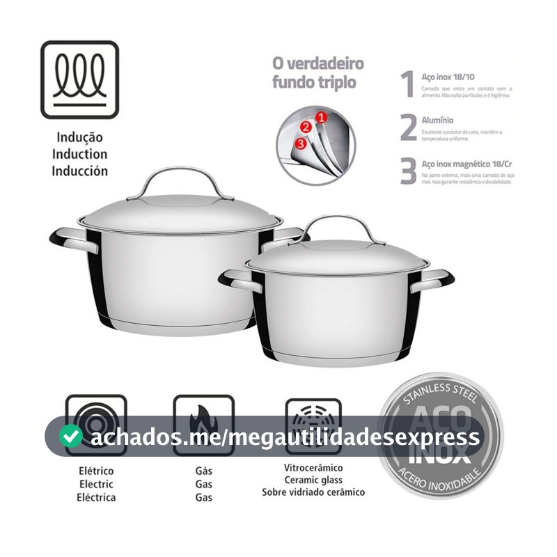 Jogo de Panelas Tramontina Allegra em Aço Inox com Fundo Triplo - 2 Peças