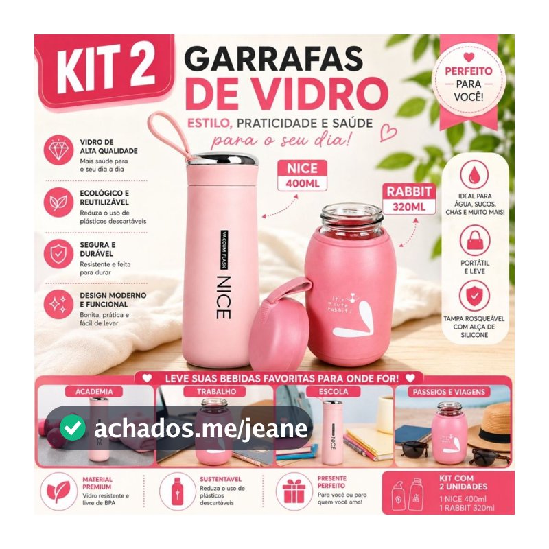 Kit Garrafas de Vidro Nice 400ml + Rabbit 320ml com Capa Protetora Alça Portátil Tampa Água Suco Bebidas