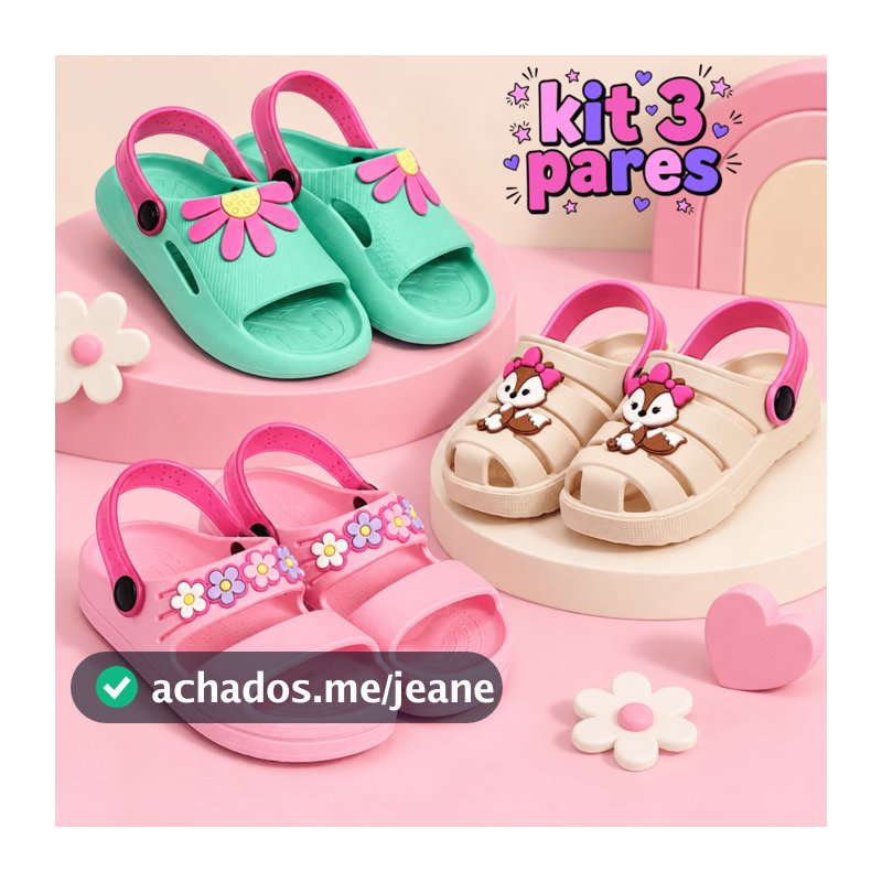 Kit 3 Pares Sandália Papete Menina Infantil Criança Leve Flexível