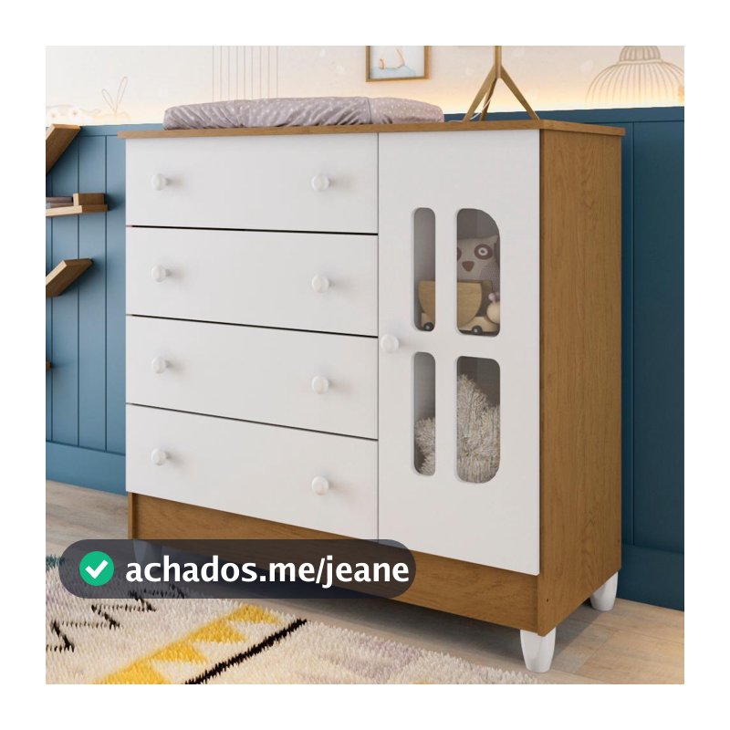Cômoda Infantil 4 Gavetas com Porta Fraldário Gabrielle 100% MDF Branco Bétula