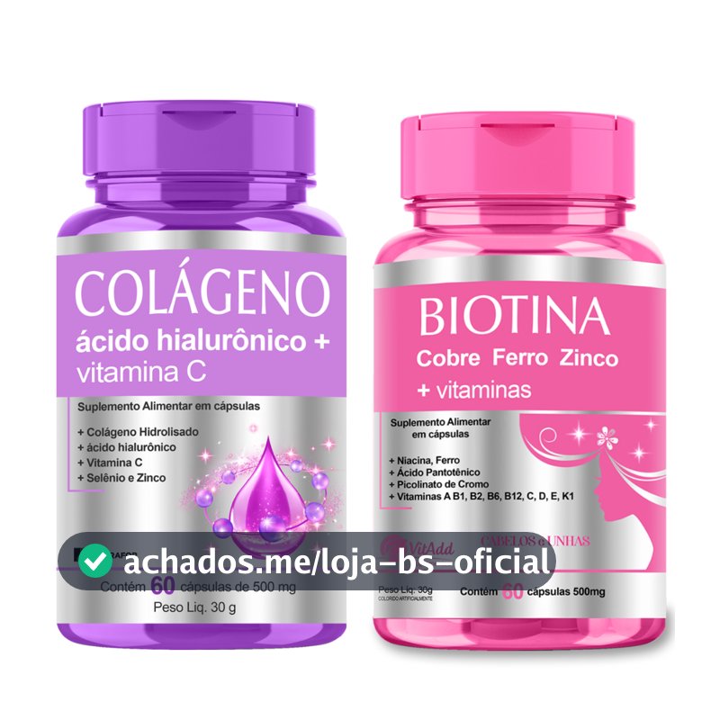 Kit Pele Cabelos e Unhas: Colágeno + Ácido Hialurônico + Biotina e Vitaminas 120cps
