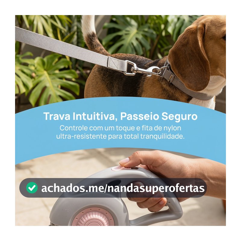 Guia retrátil 5m para cães pequenos e médios, coleira automática com freio um toque e fita de nylon