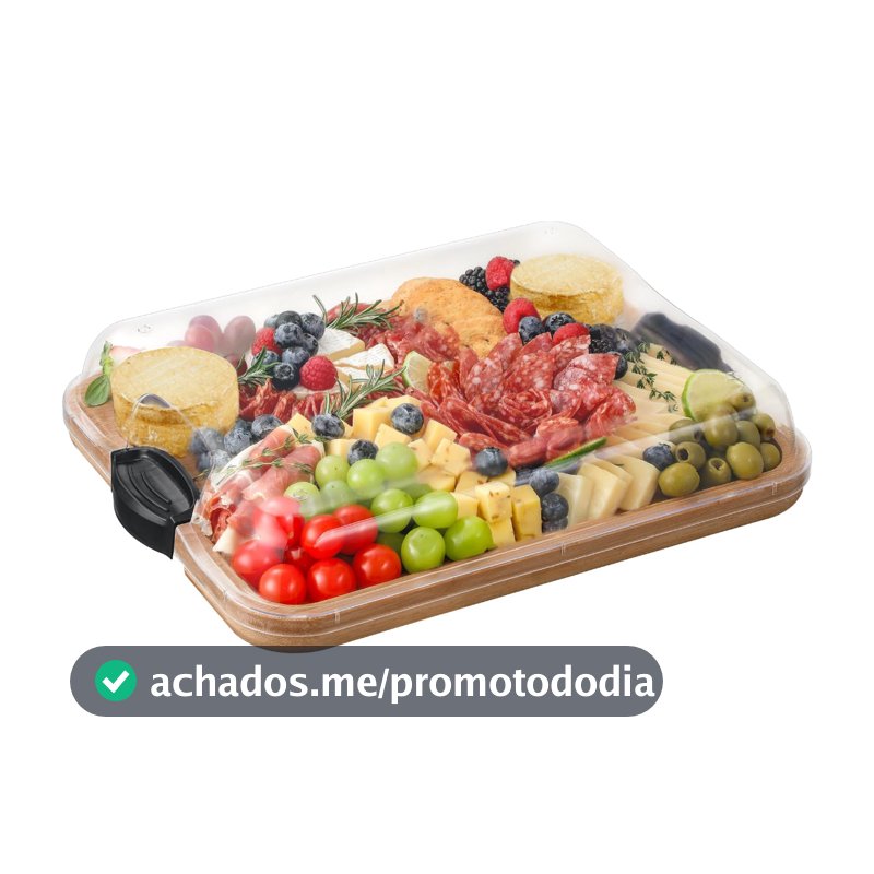 Lumai Bandeja Tabua de Bambu Grande com Tampa Acrílica e Travas para Petiscos Queijos Pães Bolinhos