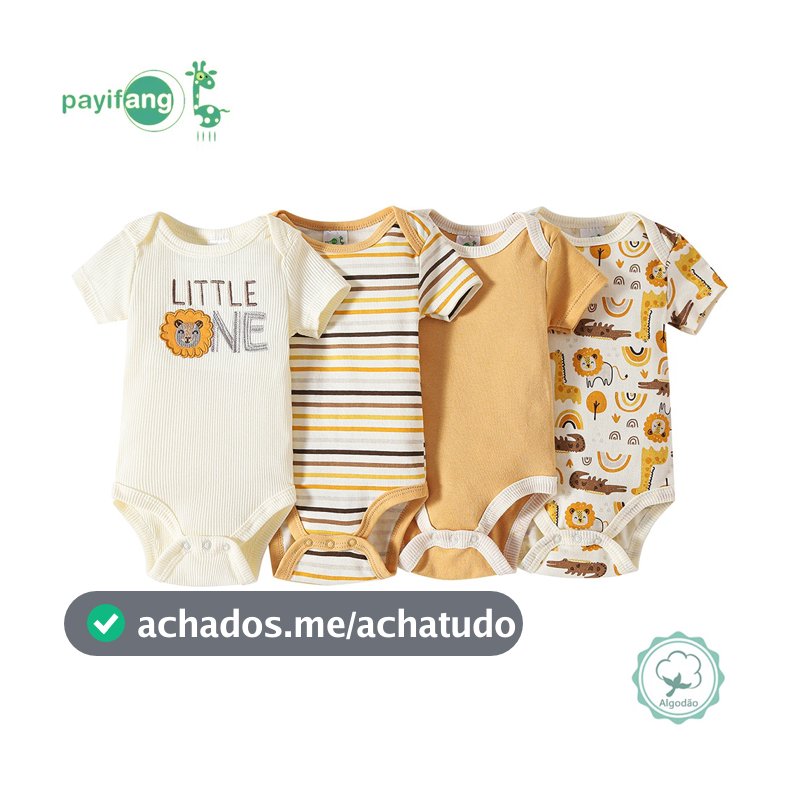 Kit 4 Body de Bebê Manga Curta 100% Algodão Estampado Leão Girafa Macio Confortável Uso Diário