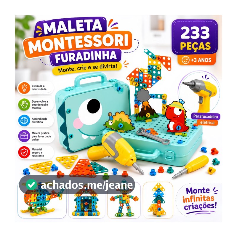Kit Caixa de Ferramentas Montessori 233 Peças Parafusadeira Elétrica Presente para Crianças