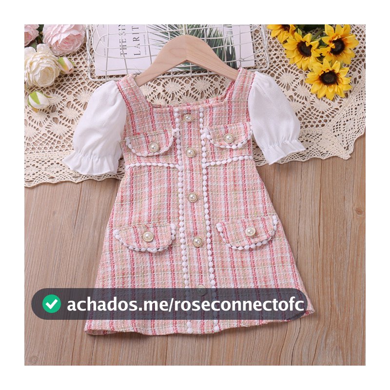 Vestido De Festa Xadrez Rosa De 1 A 7 Anos Com Botões De Pérola Para Meninas