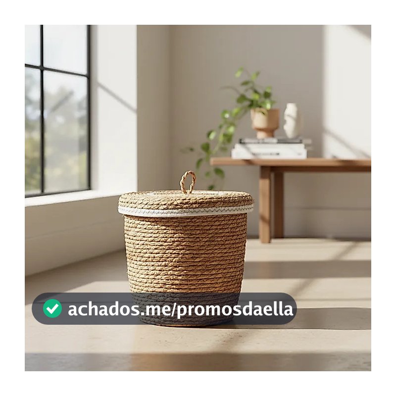 Cesto Decorativo Organizador Multiuso Redondo Em Fibra Natural Com Tampa