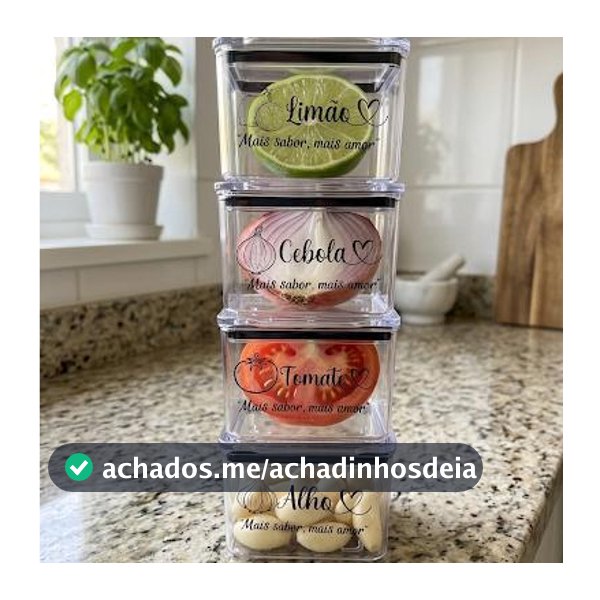 kIT 4 Potes 480ml Porta Tempero Com Adesivo Limão Cebola Tomate Alho Organizadores Herméticos Acrilico Geladeira Cozinha