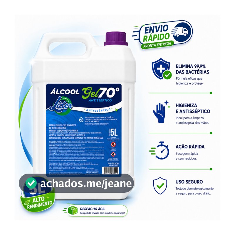 Álcool em Gel 70 Limpa Líder 5L Elimina 99,999% dos Germes Higienizador de Mãos