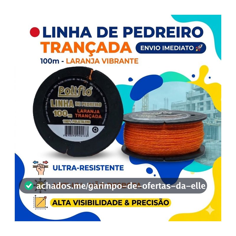 Linha de Pedreiro Lisa Laranja com Material Resistente 50m ou 100m