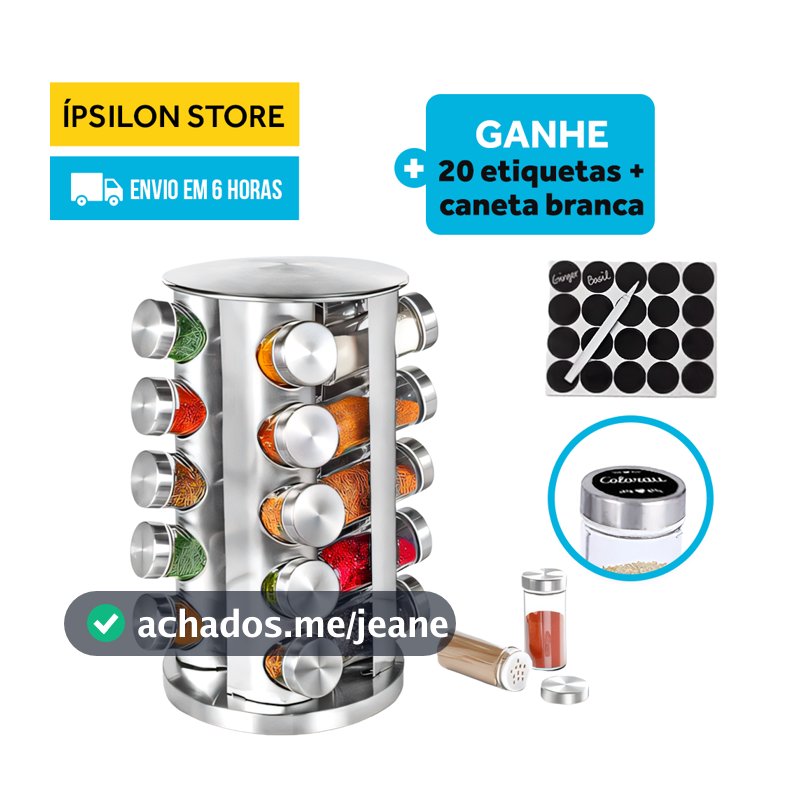 Kit Com Porta-Temperos Giratório de Inox (1 unidade) + 20 Potes de 100ml + 20 Etiquetas + Caneta