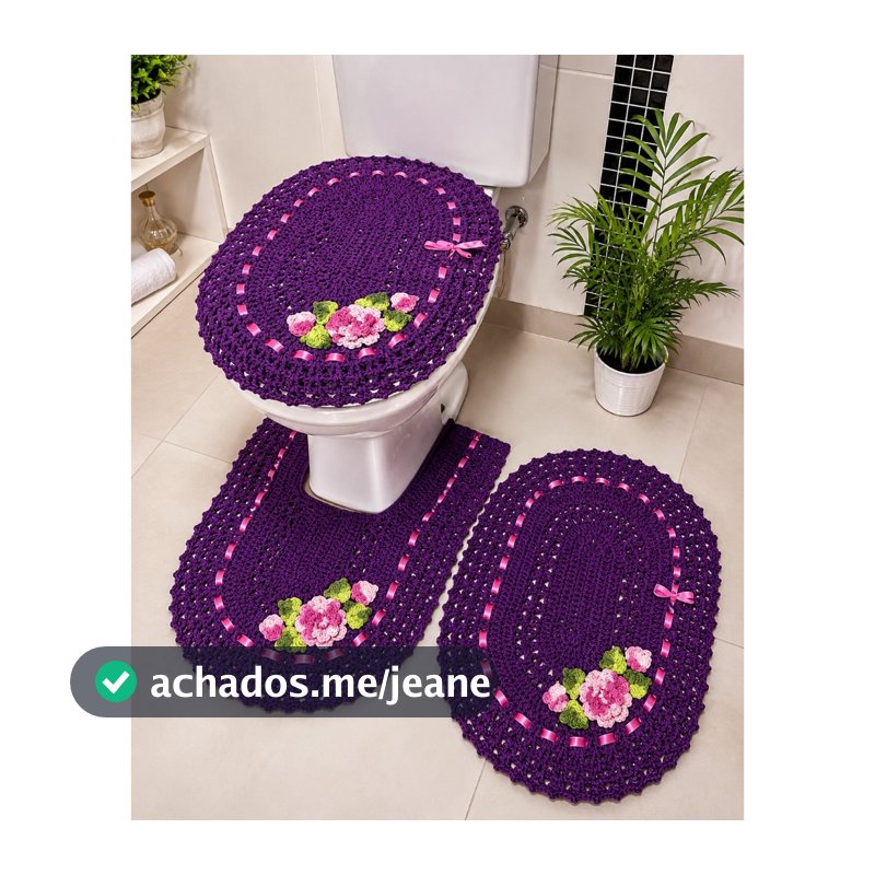 Jogo de Banheiro em Crochê 3 Pçs Colorido com Fita Bordado
