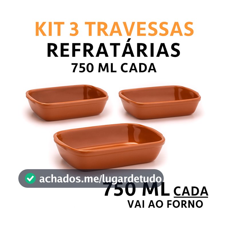 Kit 3 Travessas Refratárias Retangulares 750ml Marrom Porcelana Forno Massas Lasanha Restaurante Sobremesa