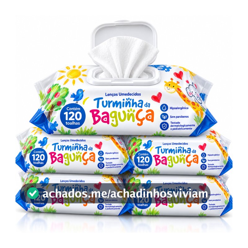 Kit 5 Toalhas Umedecidas Turminha da Bagunça 120 Folhas com Tampa Lenço Umedecido